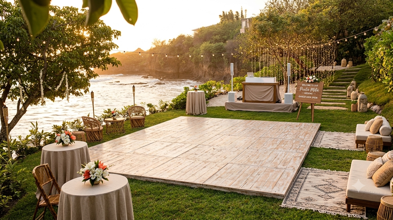 Oceanfront wedding dance floor at sunset