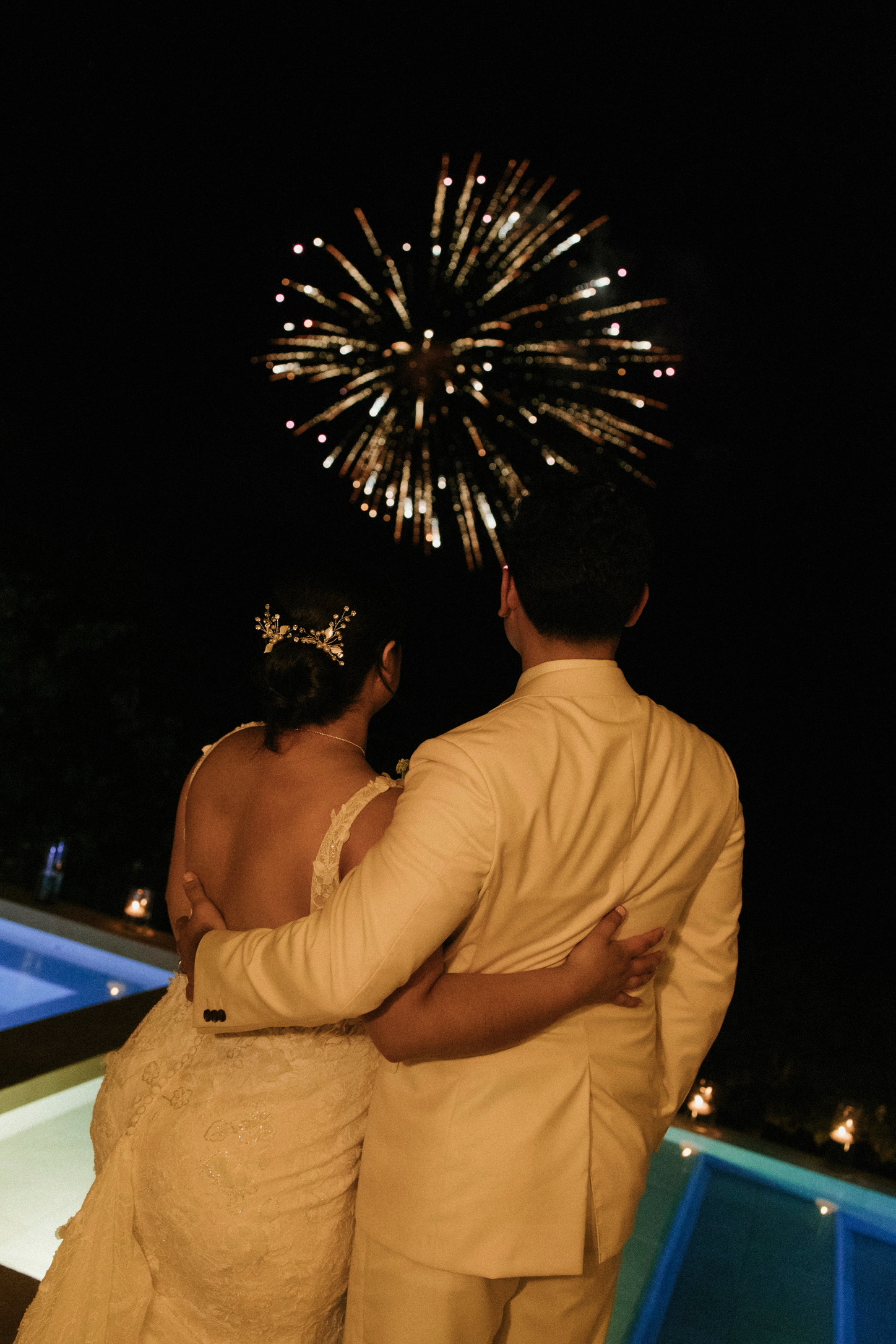 Newlyweds watching fireworks