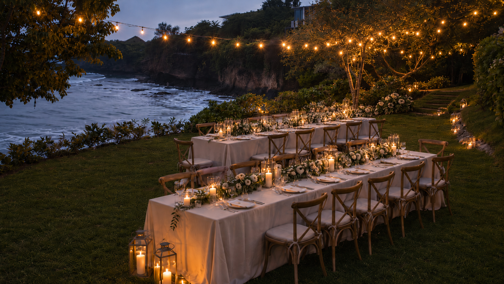 Concept rendering of a candlelit wedding dinner on the oceanfront lawn